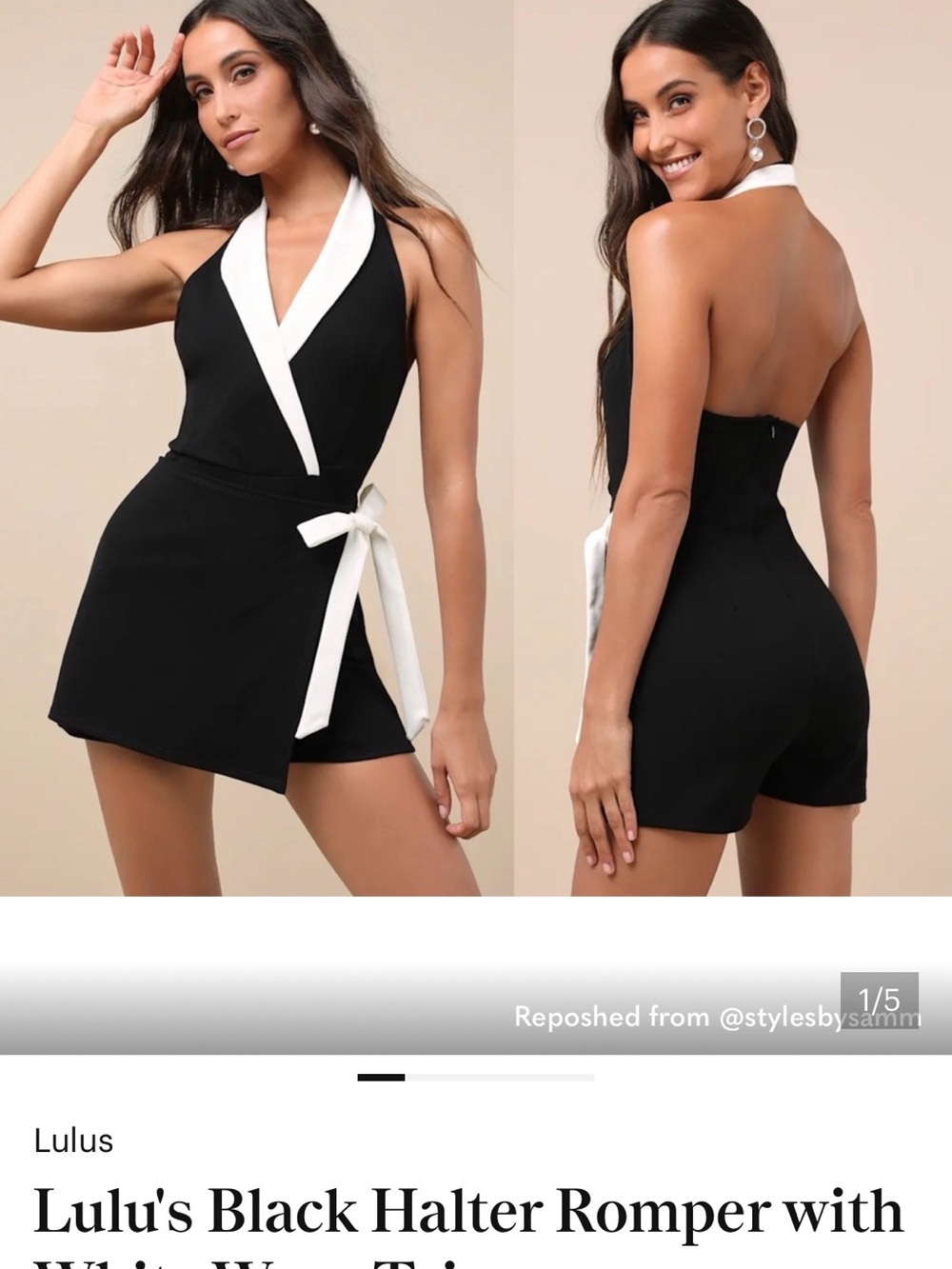 Lulu's Black Halter Romper with White Trim Tie